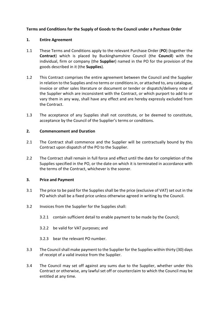 Buckinghamshire Council Purchase Order Goods Terms and Conditions document preview