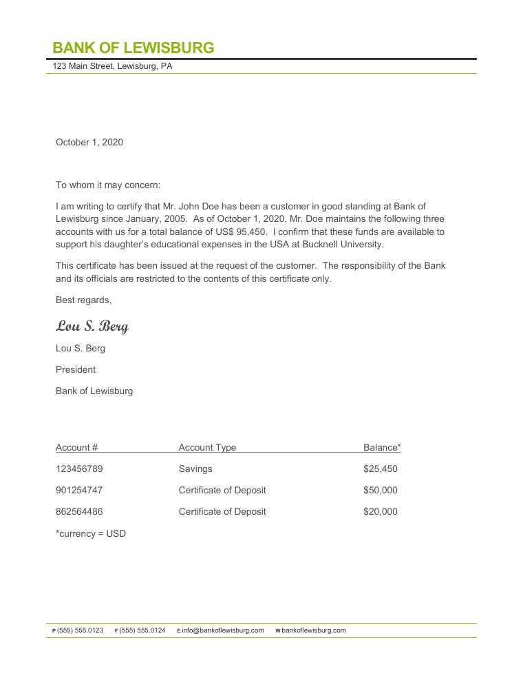 Bucknell University Sample Bank Statement 2020 document preview
