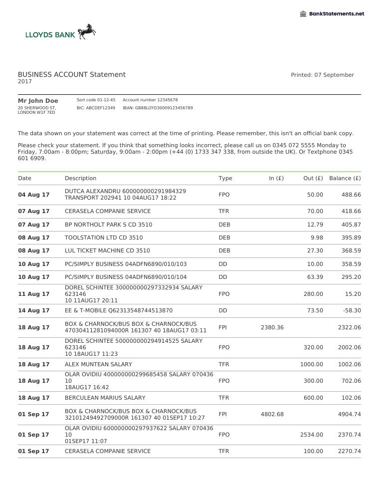 Business Bank Statement Lloyds Bank Bankstatements Net document preview