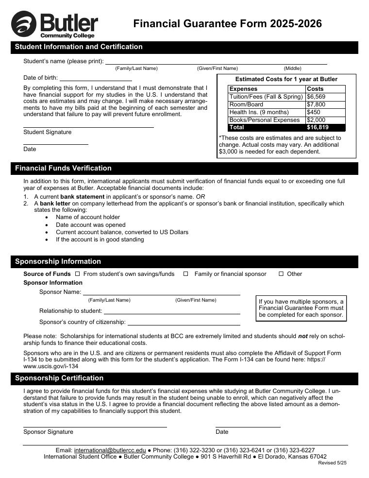 Butler Community College Financial Guarantee Form 2025-2026 document preview