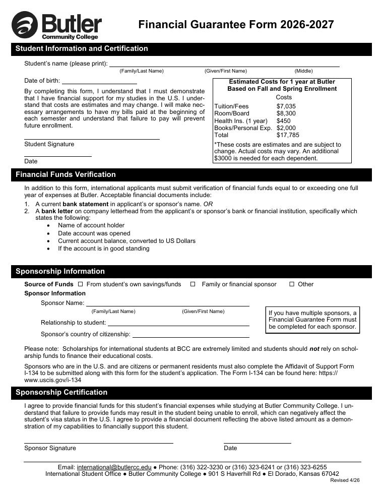Butler Community College Financial Guarantee Form 2026-2027 document preview