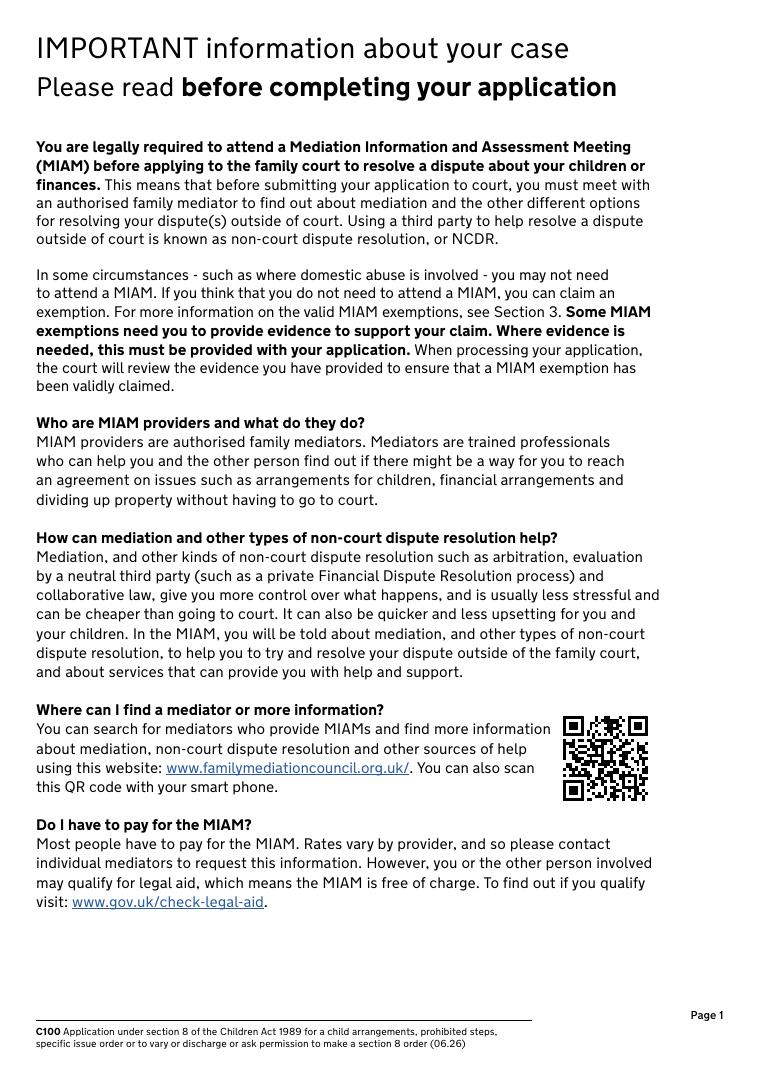 C100 Child Arrangements Application Form document preview