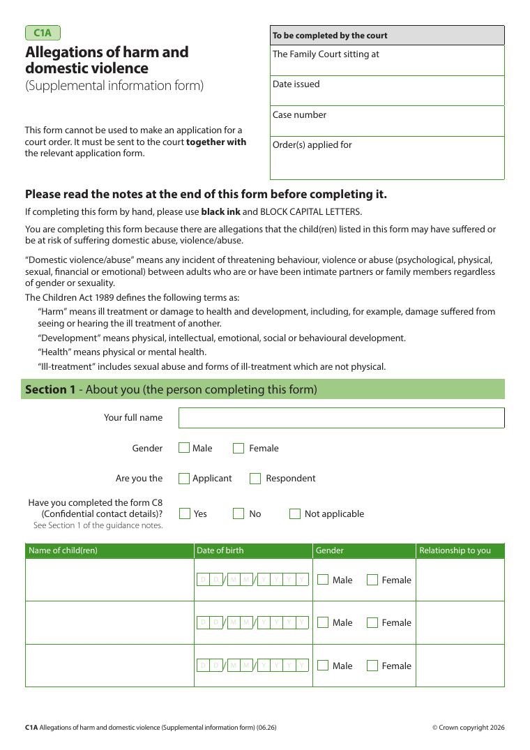 C1A Allegations of Harm and Domestic Violence Supplemental Information Form document preview