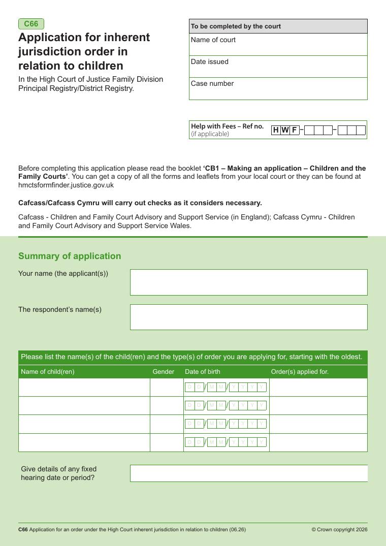 C66 Application for Inherent Jurisdiction Order in Relation to Children document preview