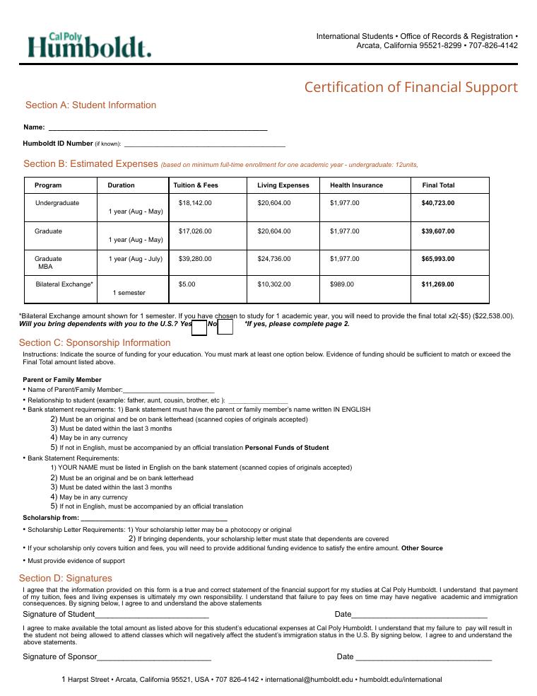 Cal Poly Humboldt Certification of Financial Support with Sample Bank Letter document preview