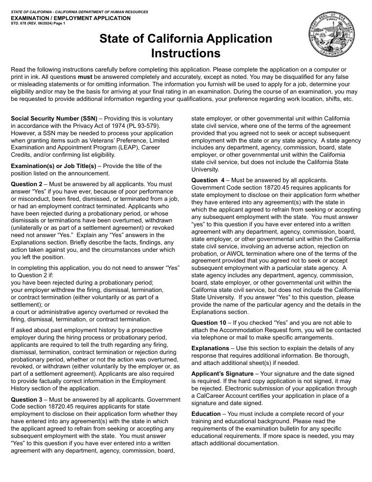 CalCareers STD 678 Examination and Employment Application document preview