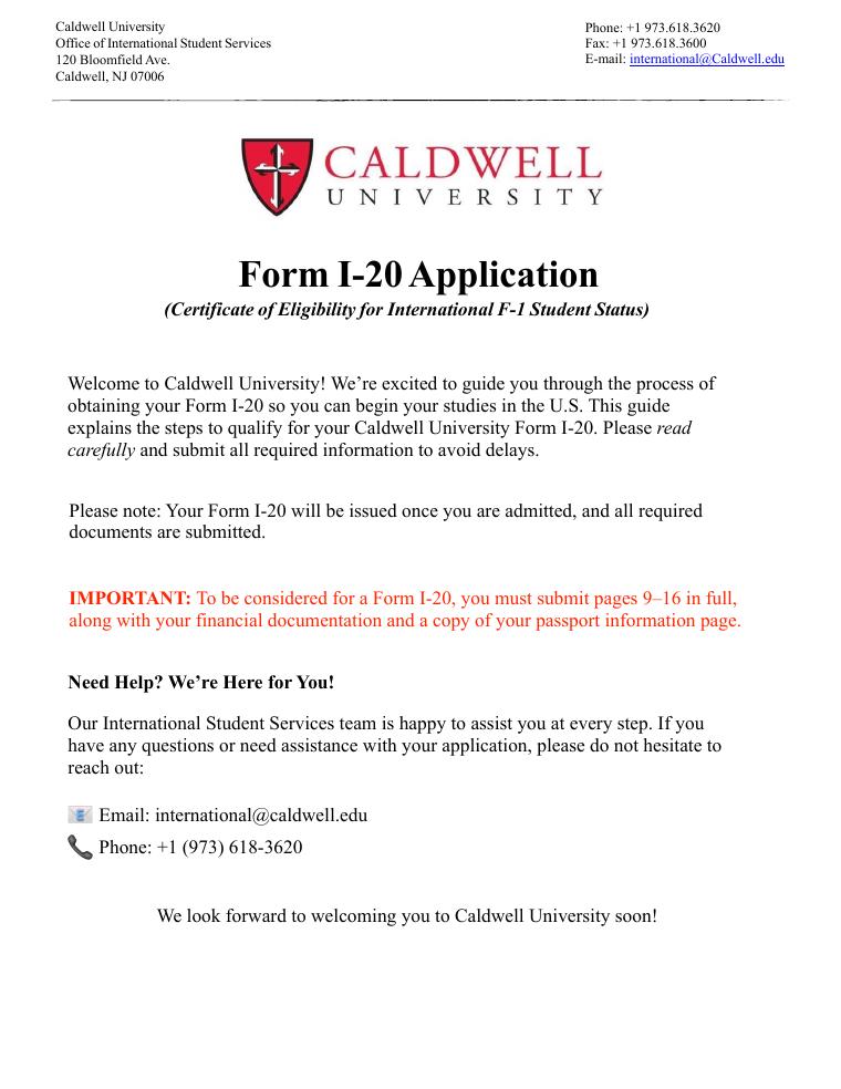 Caldwell University I-20 Application Financial Documents 2026-2027 document preview