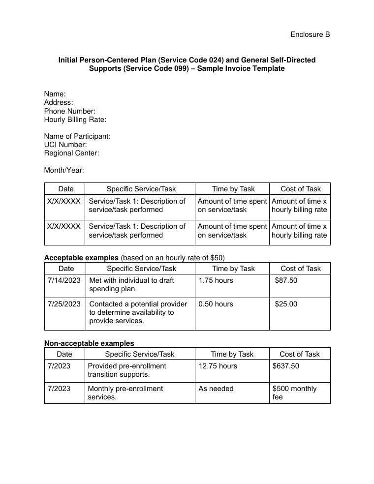 California DDS Initial PCP and General SD Supports Sample Invoice Template document preview