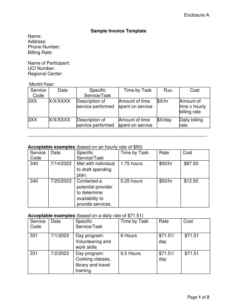 California DDS Sample Invoice Template document preview