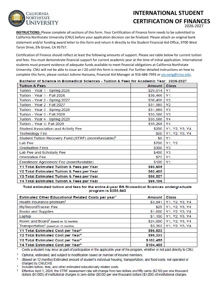 California Northstate University International Student Certification of Finances 2026-2027 document preview