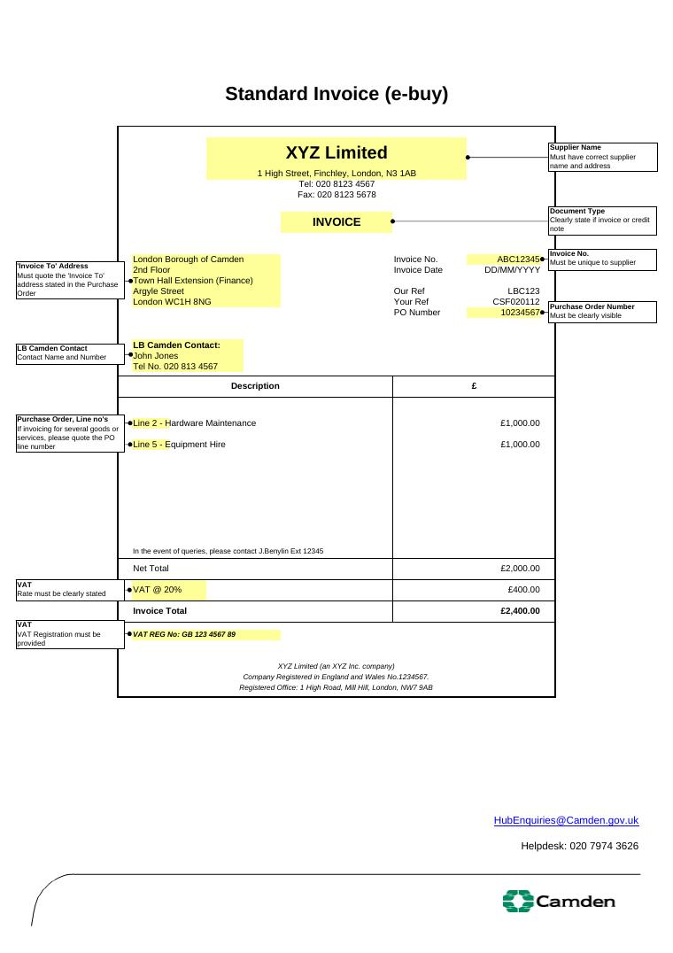 Camden Standard Invoice Sample document preview