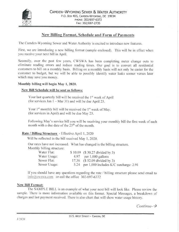 Camden Wyoming Sewer and Water Authority New Bill Format Sample document preview