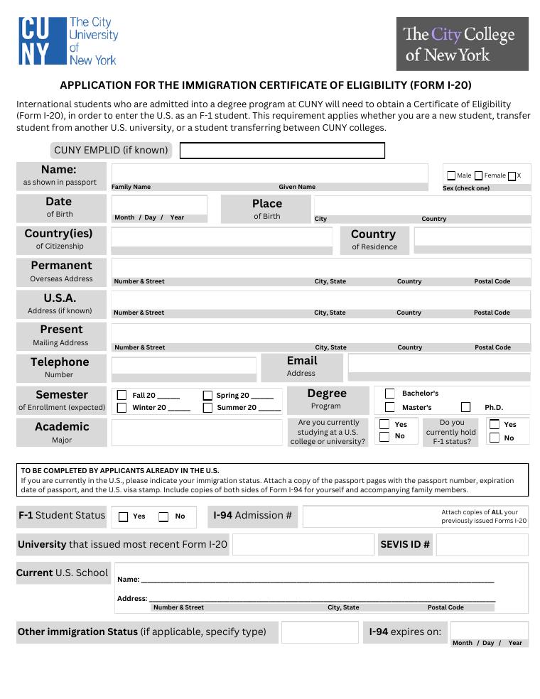 CCNY I-20 Application Financial Documentation 2026-2027 document preview