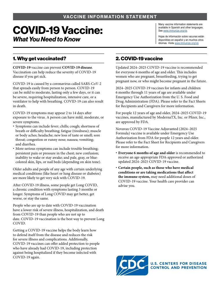 CDC COVID-19 Vaccine Information Statement document preview