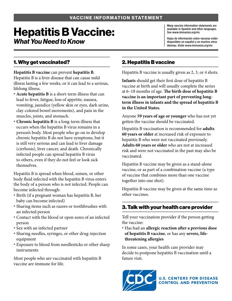 CDC Hepatitis B Vaccine Information Statement document preview