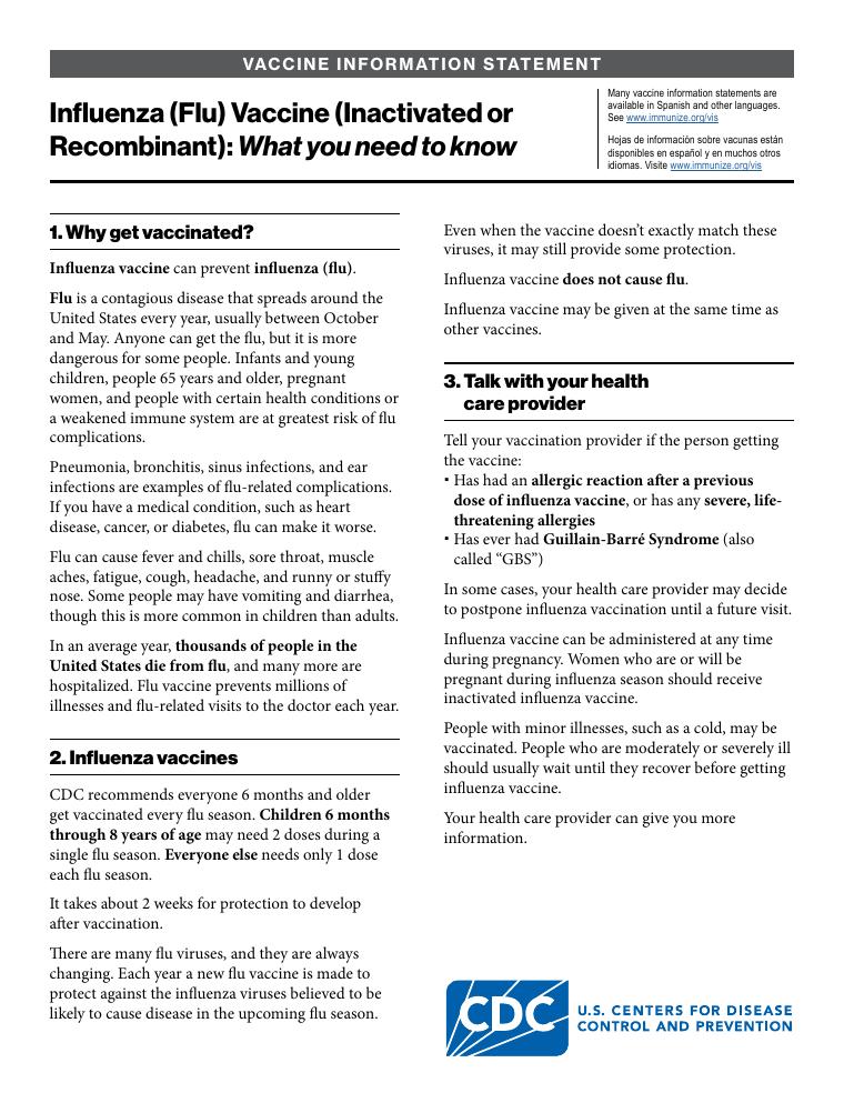 CDC Influenza Vaccine Information Statement document preview