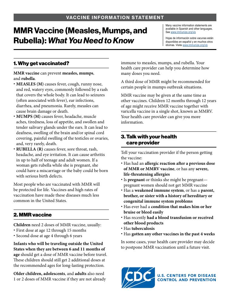 CDC MMR Vaccine Information Statement document preview
