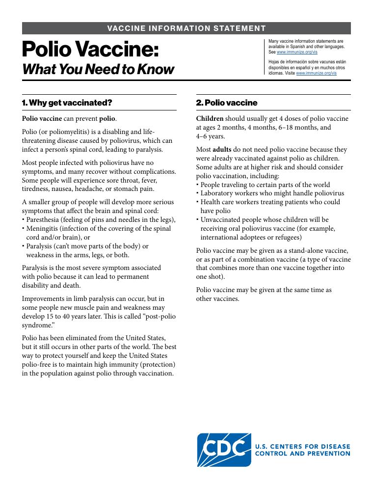 CDC Polio Vaccine Information Statement document preview