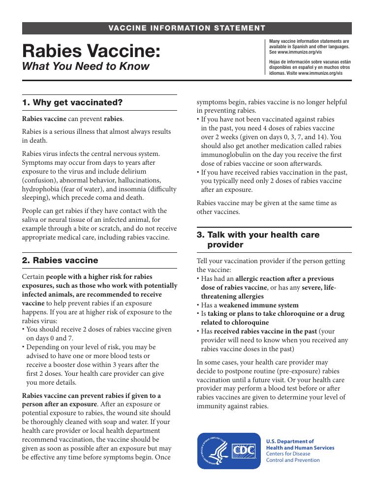 CDC Rabies Vaccine Information Statement document preview