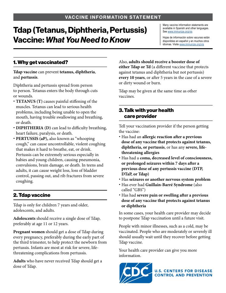 CDC Tdap Vaccine Information Statement document preview
