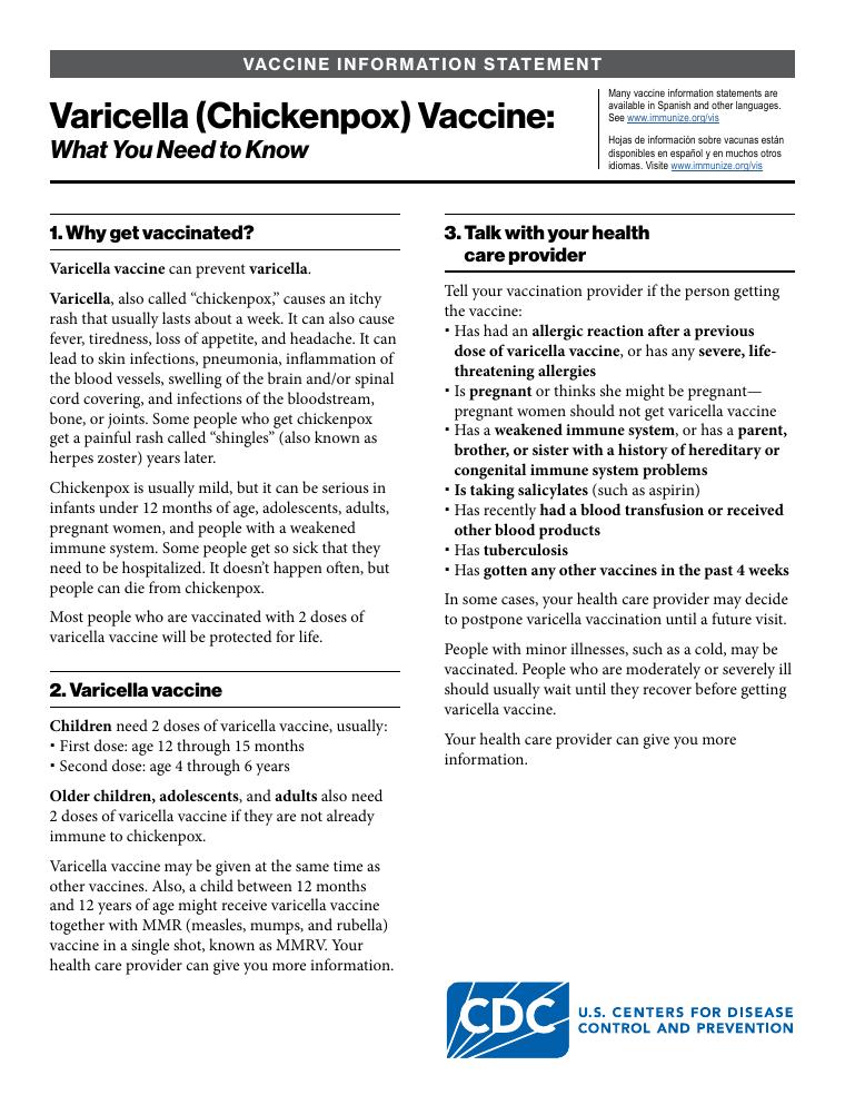CDC Varicella Vaccine Information Statement document preview
