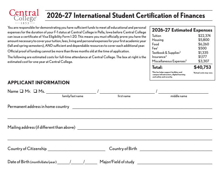 Central College International Student Certification of Finances 2026-2027 document preview