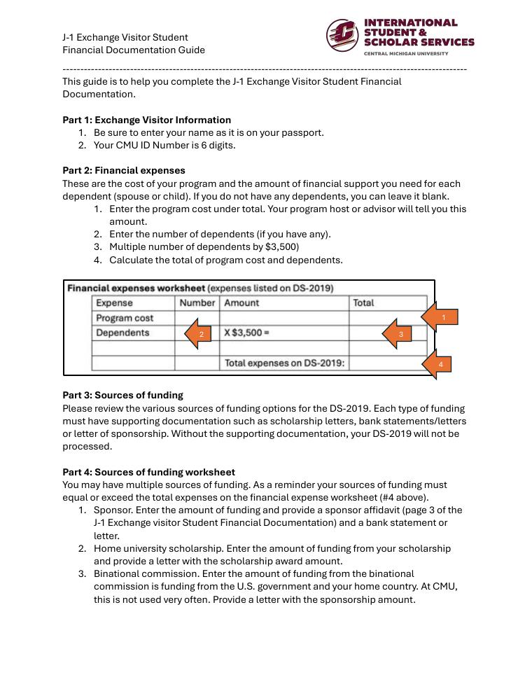 Central Michigan J-1 Financial Documentation Guide document preview