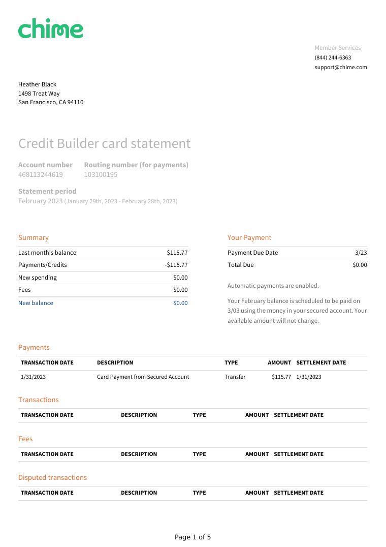 Chime Credit Statement February 2023 document preview