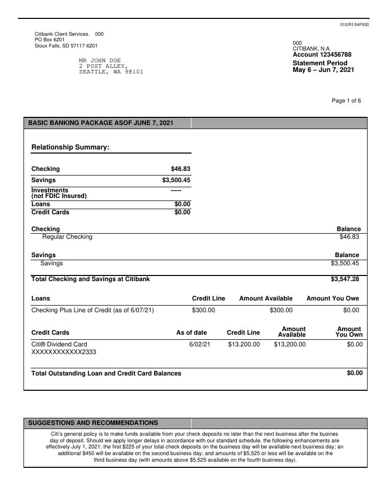 Citibank Bank Statement document preview
