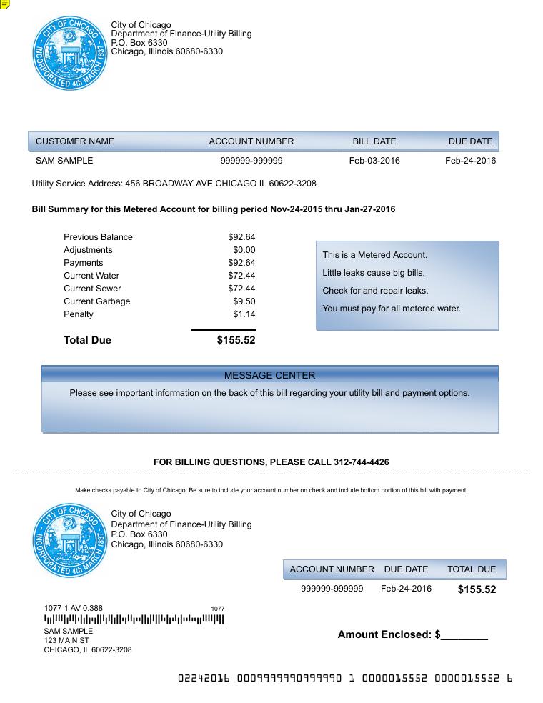 City of Chicago Sample Metered Utility Bill document preview
