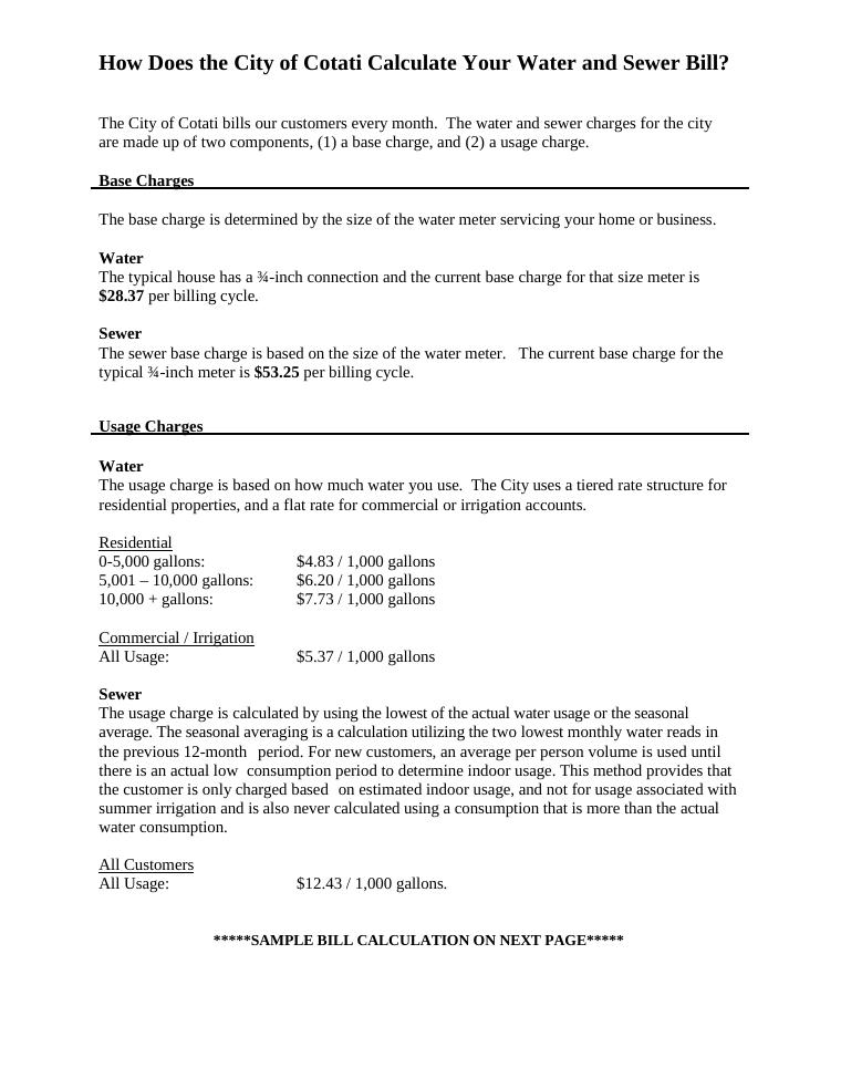 City of Cotati Water and Sewer Bill Calculation Guide document preview