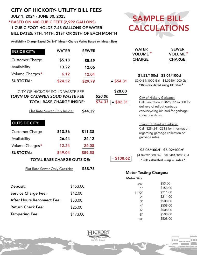 City of Hickory Utility Bill Sample Calculations document preview