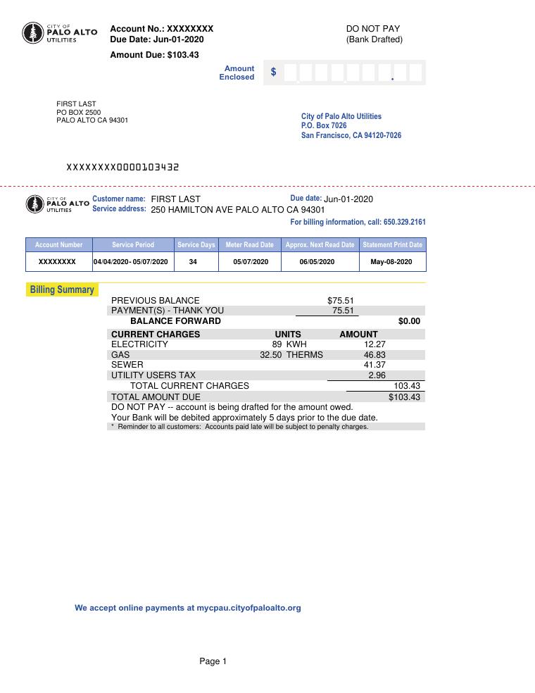 City of Palo Alto Utilities Sample Bill document preview