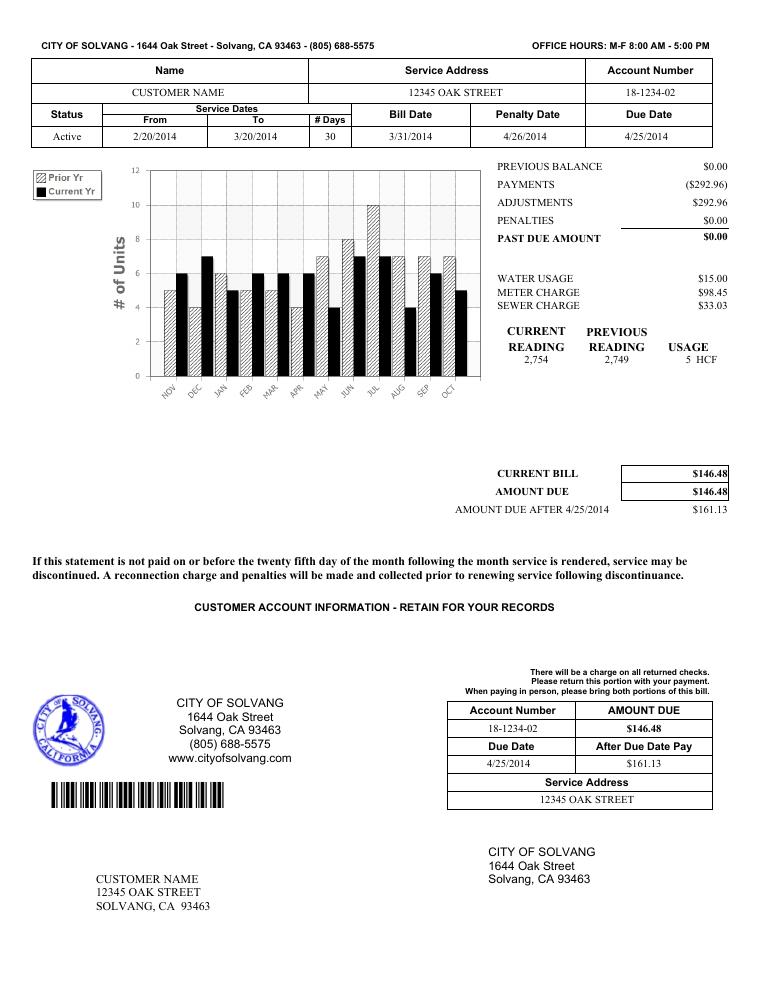 City of Solvang Sample Utility Bill document preview