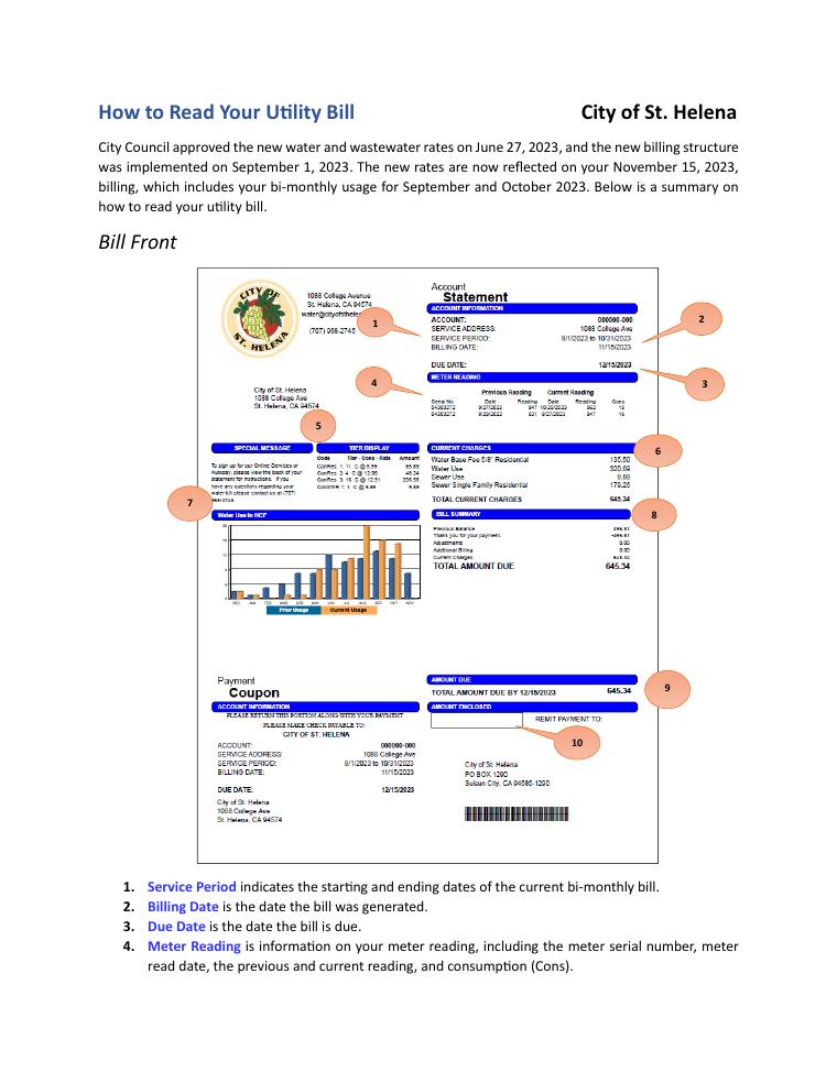 City of St. Helena How to Read Your Water and Wastewater Utility Bill document preview