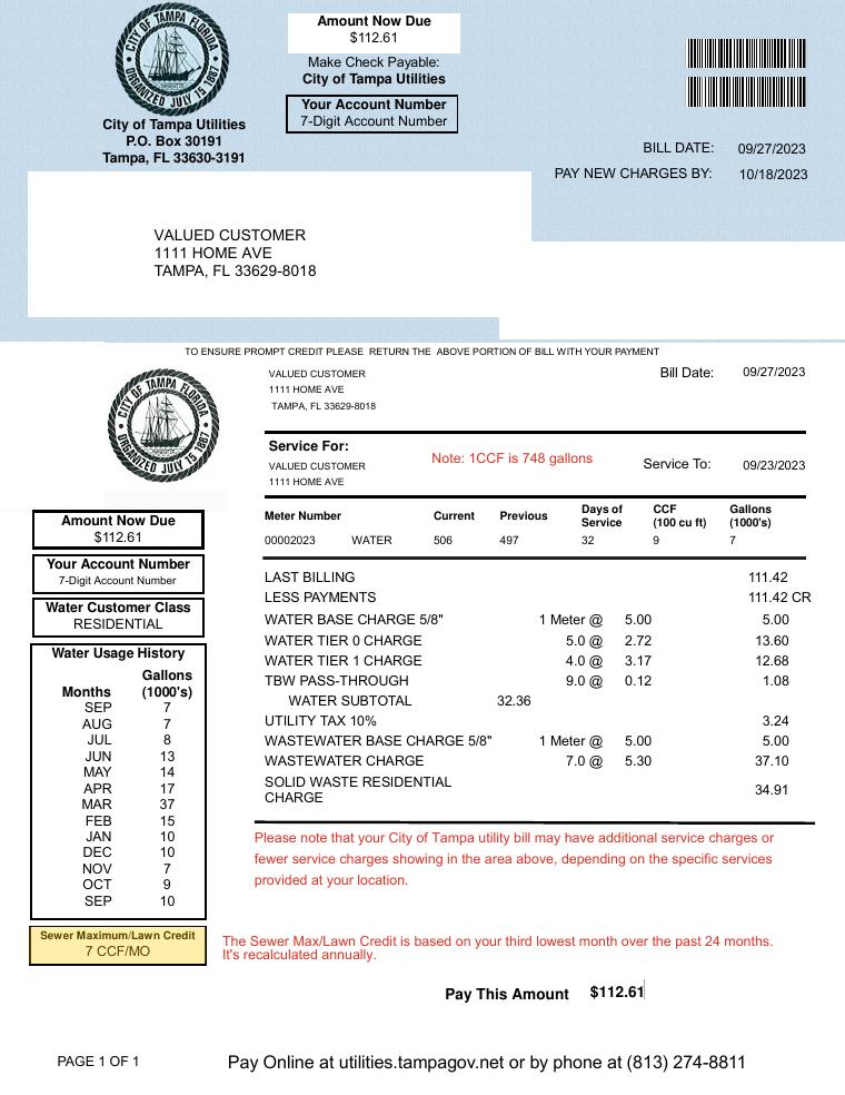 City of Tampa Example Utility Bill document preview