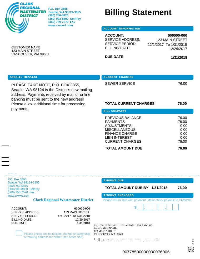 Clark Regional Wastewater District Sample Utility Bill document preview