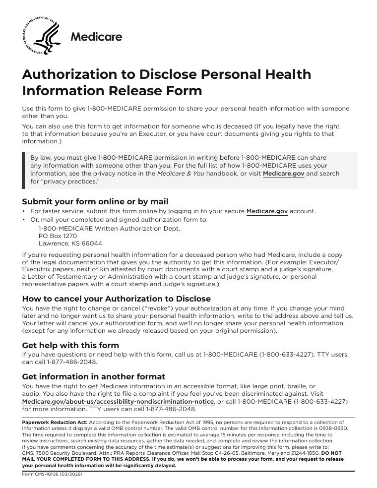 CMS 10106 Authorization to Disclose Personal Health Information Release Form document preview