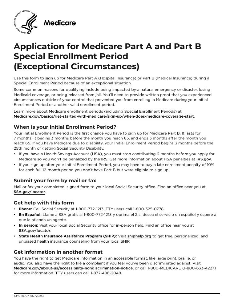 CMS-10797 Application for Medicare Part A and Part B Special Enrollment Period document preview