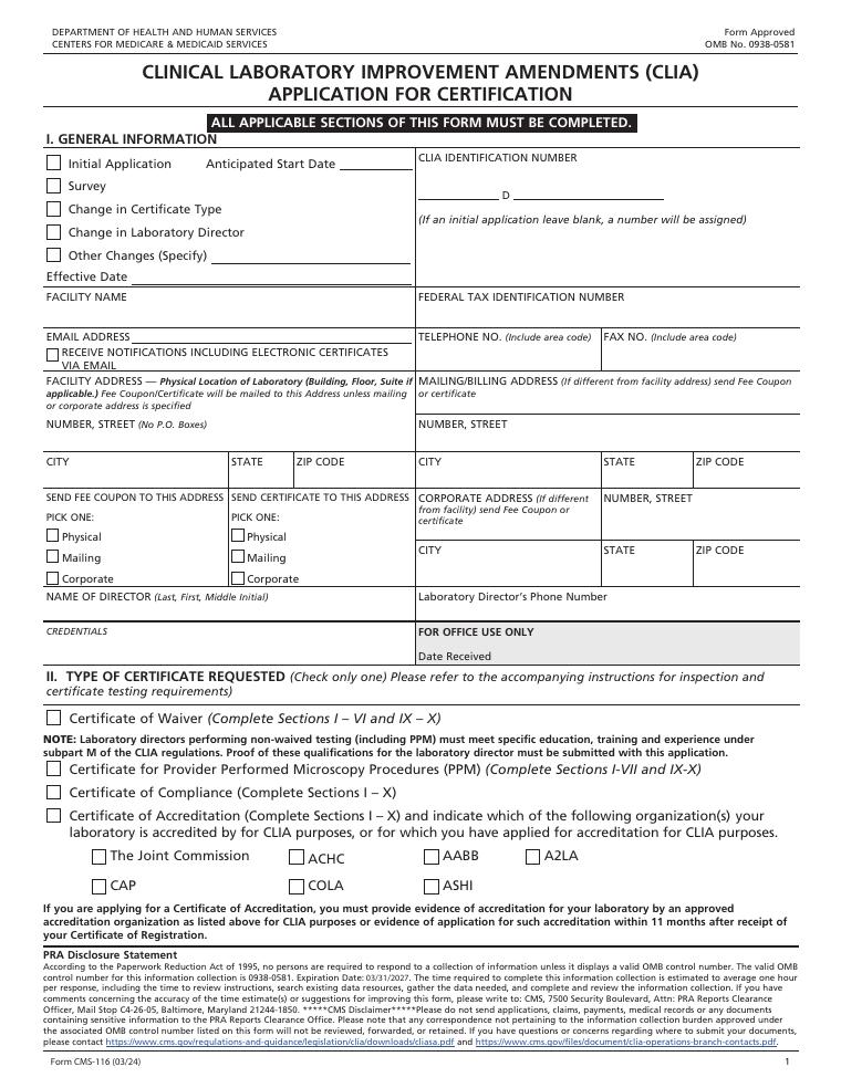 CMS-116 CLIA Application for Certification document preview