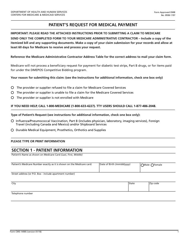 CMS-1490S Patient's Request for Medical Payment document preview