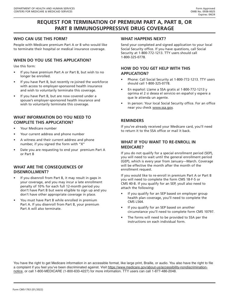 CMS-1763 Request for Termination of Premium Medicare Coverage document preview