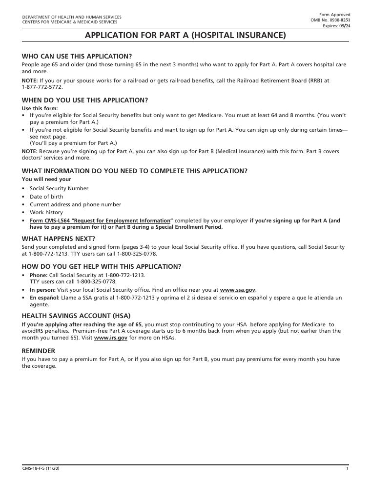 CMS 18-F-5 Application for Part A (Hospital Insurance) document preview