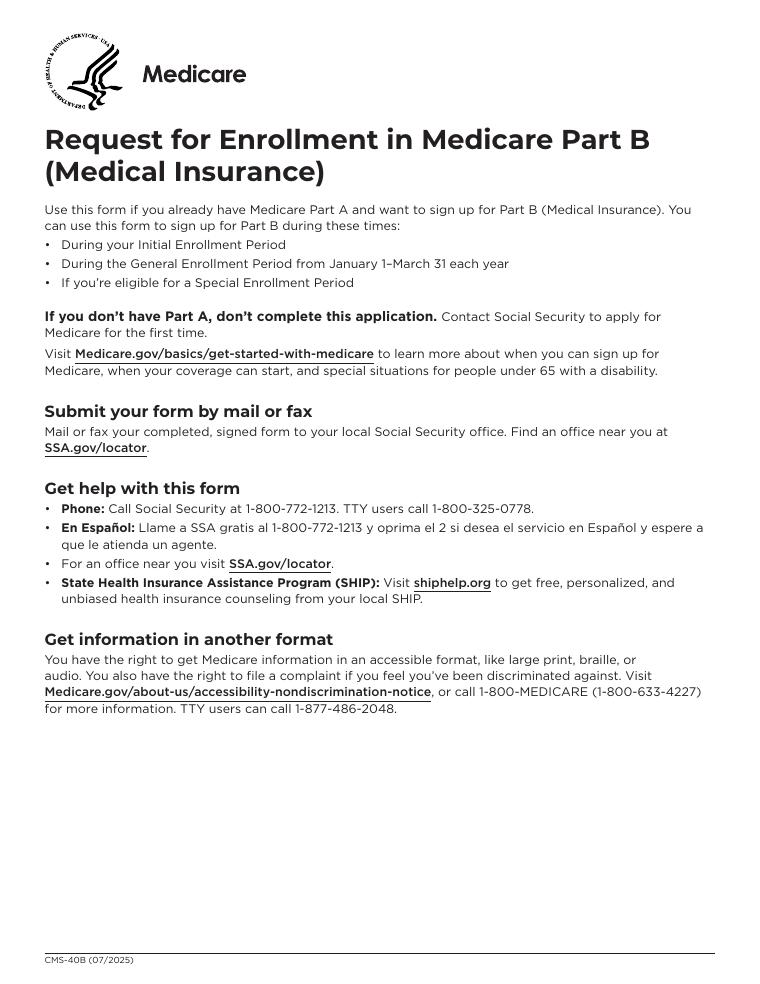 CMS-40B Medicare Part B Enrollment Application document preview