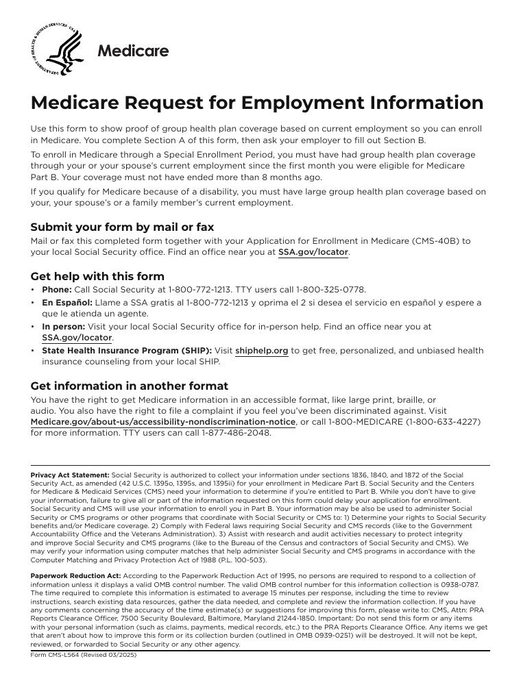 CMS-L564 Medicare Request for Employment Information document preview