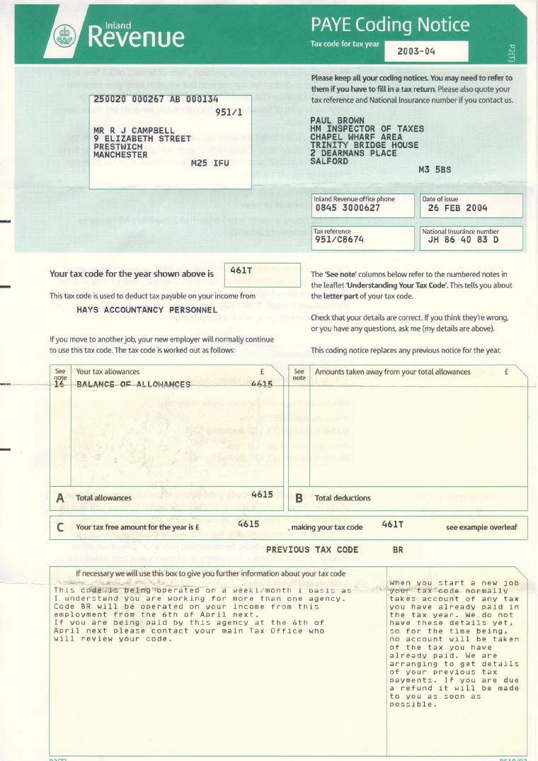 Coding Notice PAYE 2004 document preview