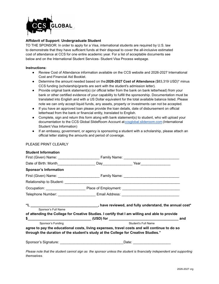 College for Creative Studies Undergraduate Affidavit of Financial Support 2026-2027 document preview