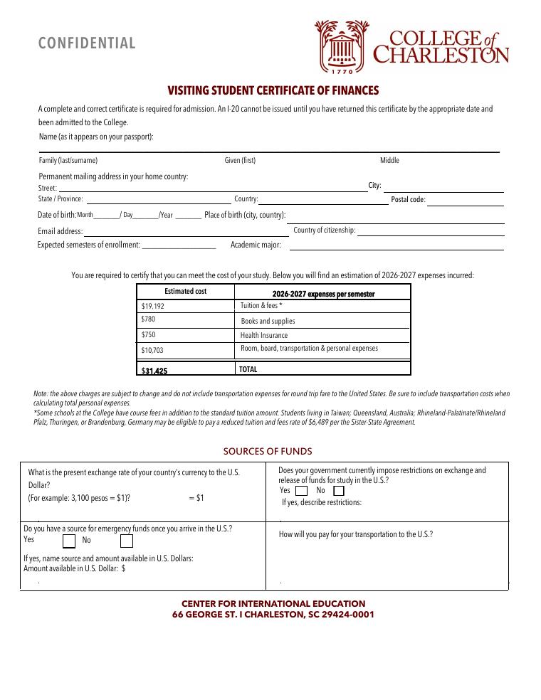 College of Charleston International Certificate of Finance 2026-2027 document preview