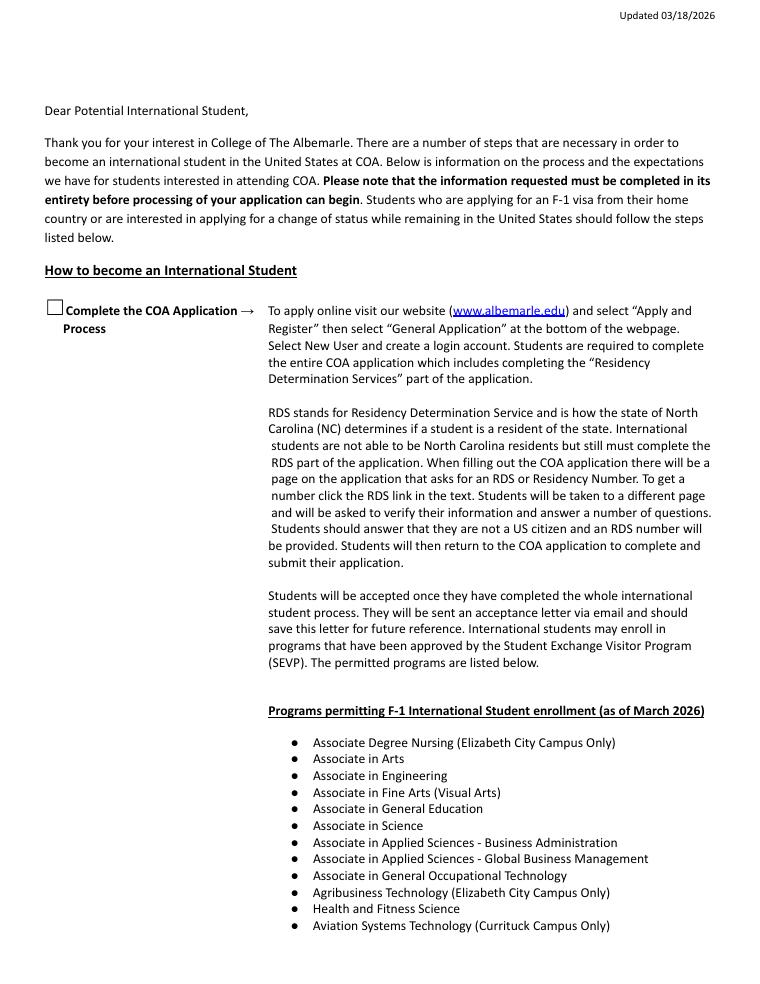 College of The Albemarle Initial Interest Packet 2026 Proof of Funds Guide document preview