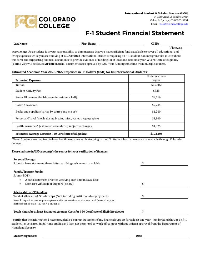 Colorado College F-1 Student Financial Statement 2026-2027 document preview